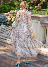 Harper | Modest White Floral Long Sleeve High Neck Prom Dress with Ruffles - White Floral - PromDressClub